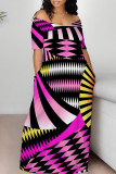 Green Sexy National Totem Geometric Print Flowers Contrast V Neck Printed Dresses