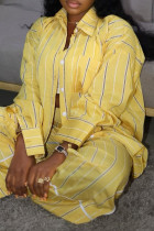 Yellow Casual Stripe Pocket Buckle Patchwork Turndown Collar Long Sleeve Two Pieces