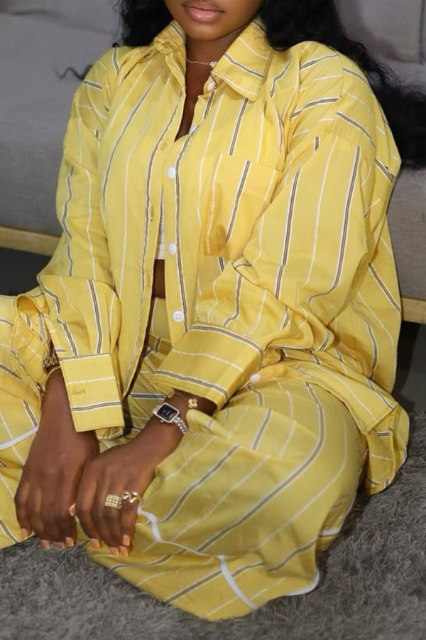 Yellow Casual Stripe Pocket Buckle Patchwork Turndown Collar Long Sleeve Two Pieces