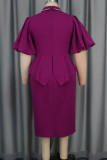 Fuchsia Elegant Solid Color Patchwork Slit Ruffled Trim Turndown Collar Wrapped Skirt Dresses