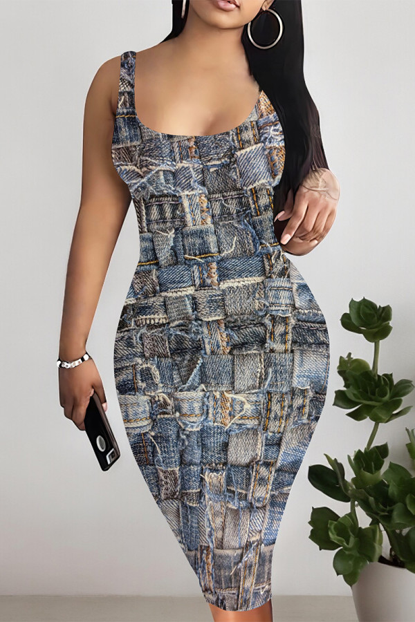 Blue Gray Sexy Faux Denim Print Distressed Contrast U Neck Printed Dresses