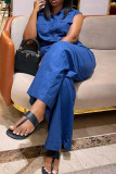 Blue Casual Solid Color Pocket Buckle Patchwork Turndown Collar Sleeveless Two Pieces