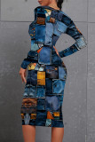 Blue Orange Casual Faux Denim Print Contrast O Neck Printed Dresses