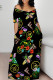 Black Gold Casual Butterfly Letter Print Flowers Pocket Contrast V Neck Printed Dresses