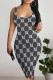 Black Sexy Letter Print Gradient Contrast U Neck Printed Dresses