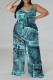 Turquoise Sexy Faux Denim Print Distressed V Neck Plus Size Jumpsuits(With a headscarf)