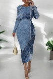 Black Gray Casual Faux Denim Print Distressed O Neck Printed Dresses