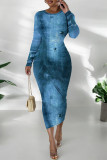Gray Blue Casual Faux Denim Print Distressed O Neck Printed Dresses
