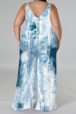 Baby Blue Sexy Faux Denim Print Distressed V Neck Plus Size Jumpsuits(With a headscarf)