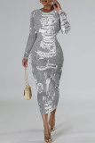 Gray Blue Casual Faux Denim Print Distressed O Neck Printed Dresses