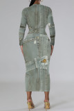 Gray Blue Casual Faux Denim Print Distressed O Neck Printed Dresses