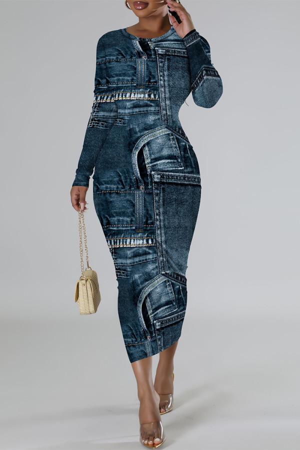 Dark Blue Casual Faux Denim Print Distressed O Neck Printed Dresses