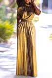 Gold Casual Solid Color Patchwork Half A Turtleneck Regular Jumpsuits