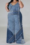Baby Blue Sexy Faux Denim Print Distressed V Neck Plus Size Jumpsuits(With a headscarf)