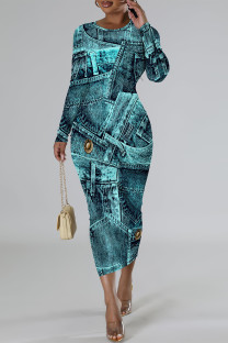 Turquoise Casual Faux Denim Print Distressed O Neck Printed Dresses