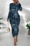 Gray Blue Casual Faux Denim Print Distressed O Neck Printed Dresses