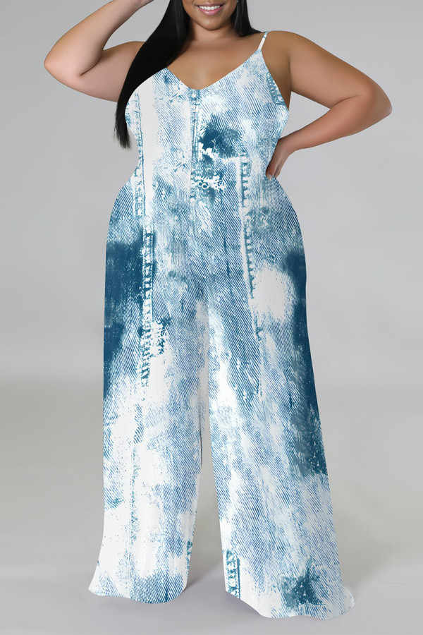 White Blue Sexy Faux Denim Print Distressed V Neck Plus Size Jumpsuits(With a headscarf)