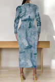 Black Gray Casual Faux Denim Print Distressed O Neck Printed Dresses