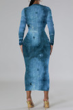 Gray Blue Casual Faux Denim Print Distressed O Neck Printed Dresses