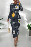 Black Gray Casual Faux Denim Print Distressed O Neck Printed Dresses