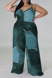 Baby Blue Sexy Faux Denim Print Distressed V Neck Plus Size Jumpsuits(With a headscarf)