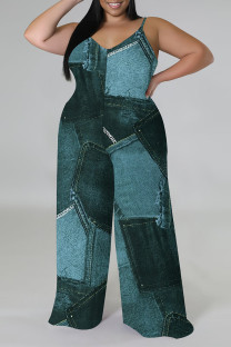 Gray Green Sexy Faux Denim Print Distressed V Neck Plus Size Jumpsuits(With a headscarf)