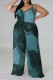 Gray Green Sexy Faux Denim Print Distressed V Neck Plus Size Jumpsuits(With a headscarf)