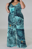 Baby Blue Sexy Faux Denim Print Distressed V Neck Plus Size Jumpsuits(With a headscarf)