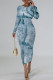 White Blue Casual Faux Denim Print Distressed O Neck Printed Dresses