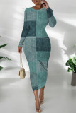 Gray Blue Casual Faux Denim Print Distressed O Neck Printed Dresses