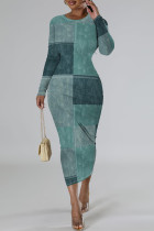 Gray Blue Casual Faux Denim Print Distressed O Neck Printed Dresses