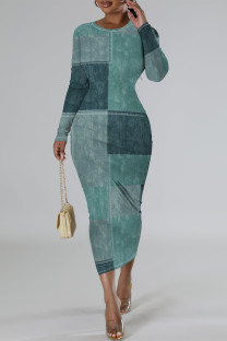 Gray Blue Casual Faux Denim Print Distressed O Neck Printed Dresses