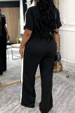 Black Casual Patchwork Zipper Zipper Collar Jumpsuits