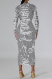 Gray Blue Casual Faux Denim Print Distressed O Neck Printed Dresses