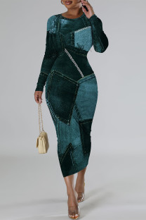 Gray Green Casual Faux Denim Print Distressed O Neck Printed Dresses