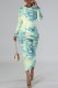 Apricot Blue Casual Faux Denim Print Distressed O Neck Printed Dresses