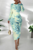 Gray Blue Casual Faux Denim Print Distressed O Neck Printed Dresses