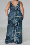 Baby Blue Sexy Faux Denim Print Distressed V Neck Plus Size Jumpsuits(With a headscarf)
