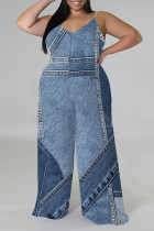 Baby Blue Sexy Faux Denim Print Distressed V Neck Plus Size Jumpsuits(With a headscarf)