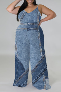 Baby Blue Sexy Faux Denim Print Distressed V Neck Plus Size Jumpsuits(With a headscarf)