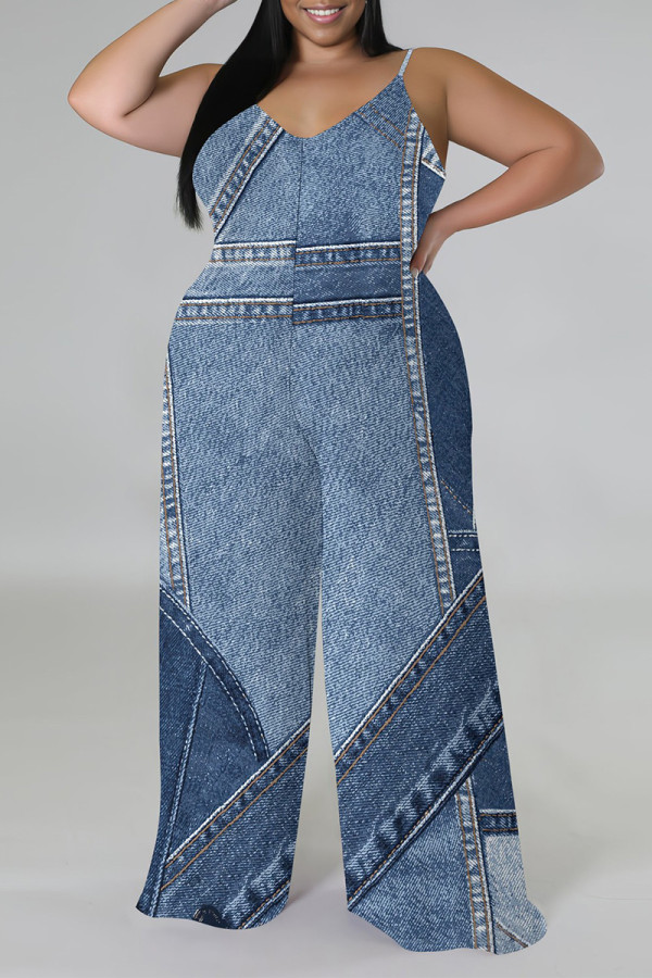 Baby Blue Sexy Faux Denim Print Distressed V Neck Plus Size Jumpsuits(With a headscarf)