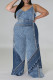 Baby Blue Sexy Faux Denim Print Distressed V Neck Plus Size Jumpsuits(With a headscarf)