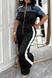 Black Casual Patchwork Zipper Zipper Collar Jumpsuits