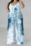 Baby Blue Sexy Faux Denim Print Distressed V Neck Plus Size Jumpsuits(With a headscarf)