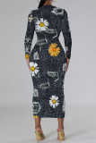 Black Gray Casual Faux Denim Print Distressed O Neck Printed Dresses