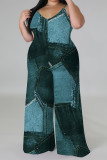 Baby Blue Sexy Faux Denim Print Distressed V Neck Plus Size Jumpsuits(With a headscarf)