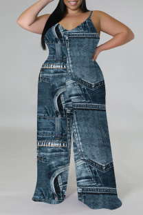 Blue Black Sexy Faux Denim Print Distressed V Neck Plus Size Jumpsuits(With a headscarf)