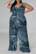 Blue Black Sexy Faux Denim Print Distressed V Neck Plus Size Jumpsuits(With a headscarf)