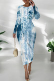 Black Gray Casual Faux Denim Print Distressed O Neck Printed Dresses