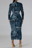 Gray Blue Casual Faux Denim Print Distressed O Neck Printed Dresses